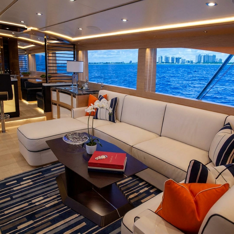 A luxury yacht or boat lounge interior with a large cream sectional sofa, orange and striped accent pillows, a dark wood coffee table, and large windows overlooking blue water and a city skyline.